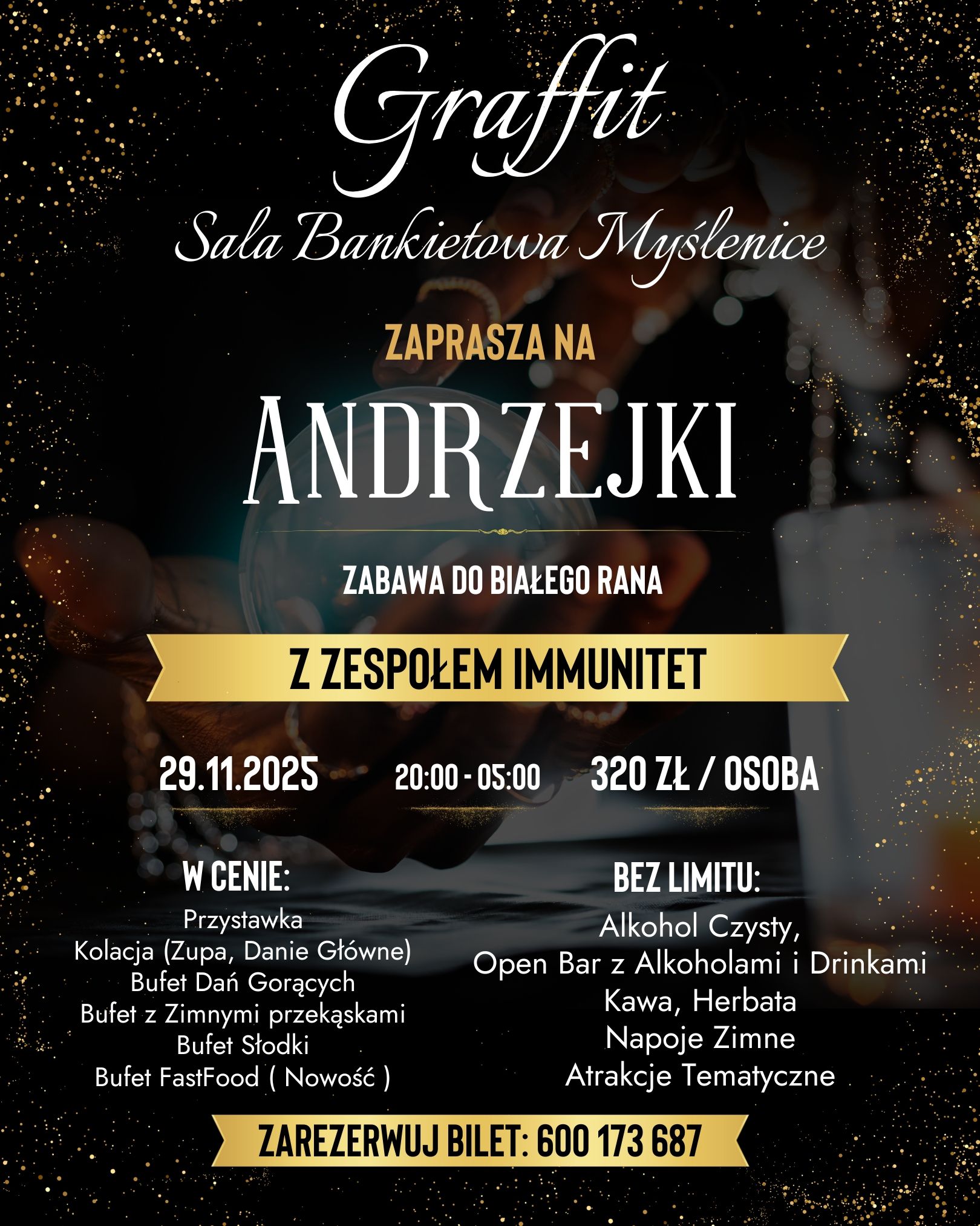 plakat balu karnawałowego organizowanego na ostatki w Myślenicach w Sali Bankietowej Graffit