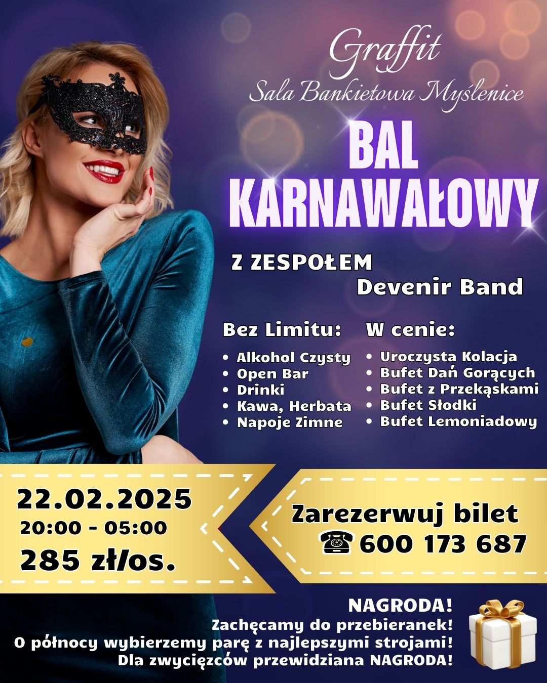 plakat balu karnawałowego organizowanego na ostatki w Myślenicach w Sali Bankietowej Graffit