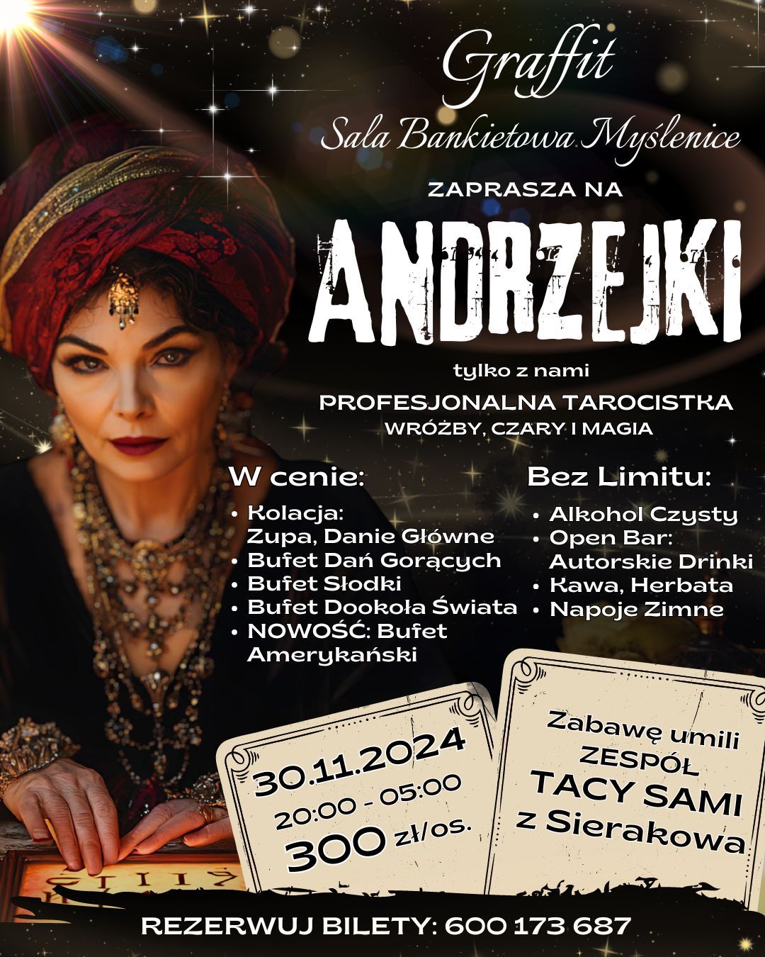 plakat Andrzejki 2024 Myślenicach w Sali Bankietowej Graffit