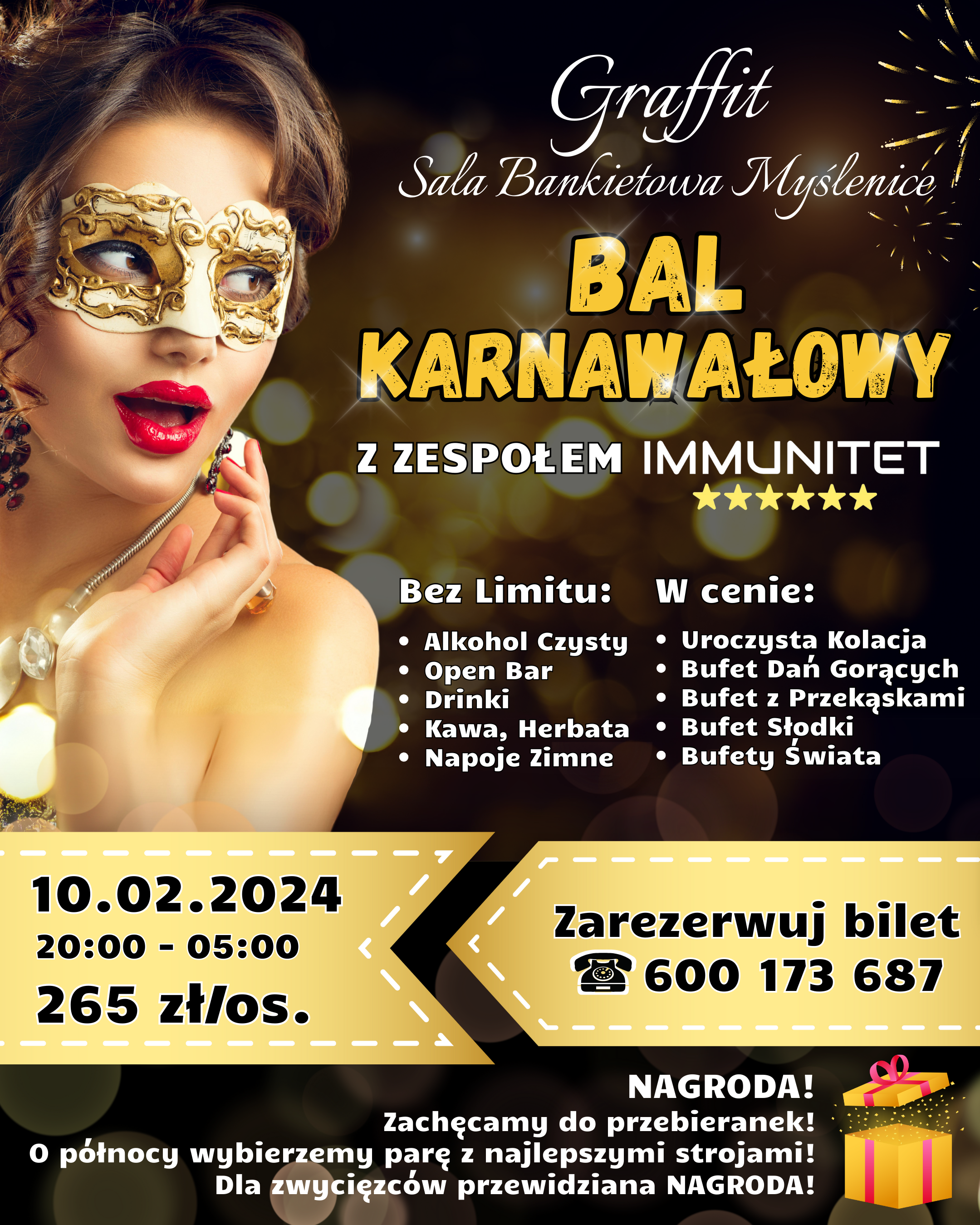 plakat balu karnawałowego organizowanego na ostatki w Myślenicach w Sali Bankietowej Graffit